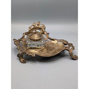 Vintage Brass Ornate Floral Inkwell with Glass Bottle & Lid